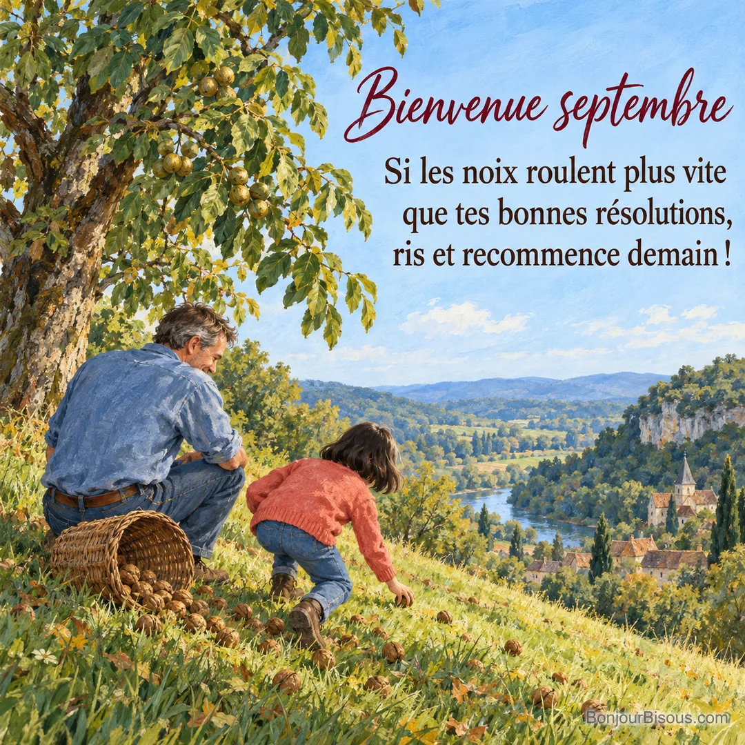 Un père et sa fille ramassent les noix échappées de leur panier dans une noyeraie du Périgord. L’image porte le texte « Bienvenue septembre Si les noix roulent plus vite que tes bonnes résolutions, ris et recommence demain ! ». Un père et sa fille ramassent les noix échappées de leur panier dans une noyeraie du Périgord. L’image porte le texte « Bienvenue septembre Si les noix roulent plus vite que tes bonnes résolutions, ris et recommence demain ! ».