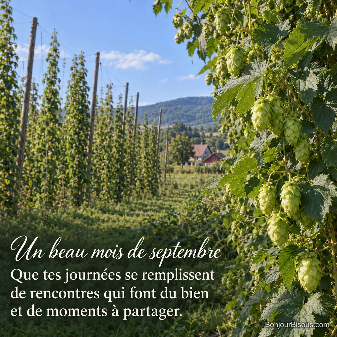 Des lianes de houblon chargées de cônes verts ondulent dans une houblonnière alsacienne. L’image porte le texte « Un beau mois de septembre Que tes journées se remplissent de rencontres qui font du bien et de moments à partager. ». Des lianes de houblon chargées de cônes verts ondulent dans une houblonnière alsacienne. L’image porte le texte « Un beau mois de septembre Que tes journées se remplissent de rencontres qui font du bien et de moments à partager. ».