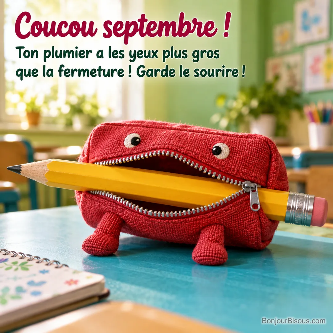 Un plumier rouge souriant tente d’avaler un crayon jaune beaucoup trop long, avec le texte « Coucou septembre ! Ton plumier a les yeux plus gros que la fermeture ! Garde le sourire ! ». Un plumier rouge souriant tente d’avaler un crayon jaune beaucoup trop long, avec le texte « Coucou septembre ! Ton plumier a les yeux plus gros que la fermeture ! Garde le sourire ! ».