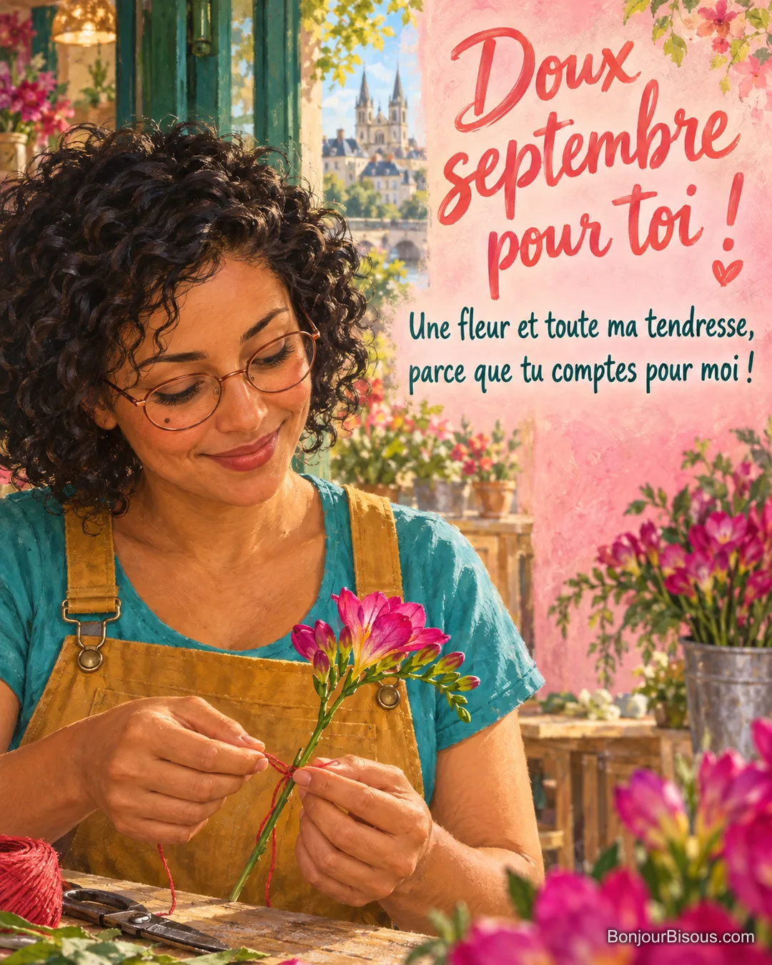 Une fleuriste aux cheveux bouclés prépare un freesia fuchsia à offrir dans son atelier, avec le texte « Doux septembre pour toi ! Une fleur et toute ma tendresse, parce que tu comptes pour moi ! ». Une fleuriste aux cheveux bouclés prépare un freesia fuchsia à offrir dans son atelier, avec le texte « Doux septembre pour toi ! Une fleur et toute ma tendresse, parce que tu comptes pour moi ! ».
