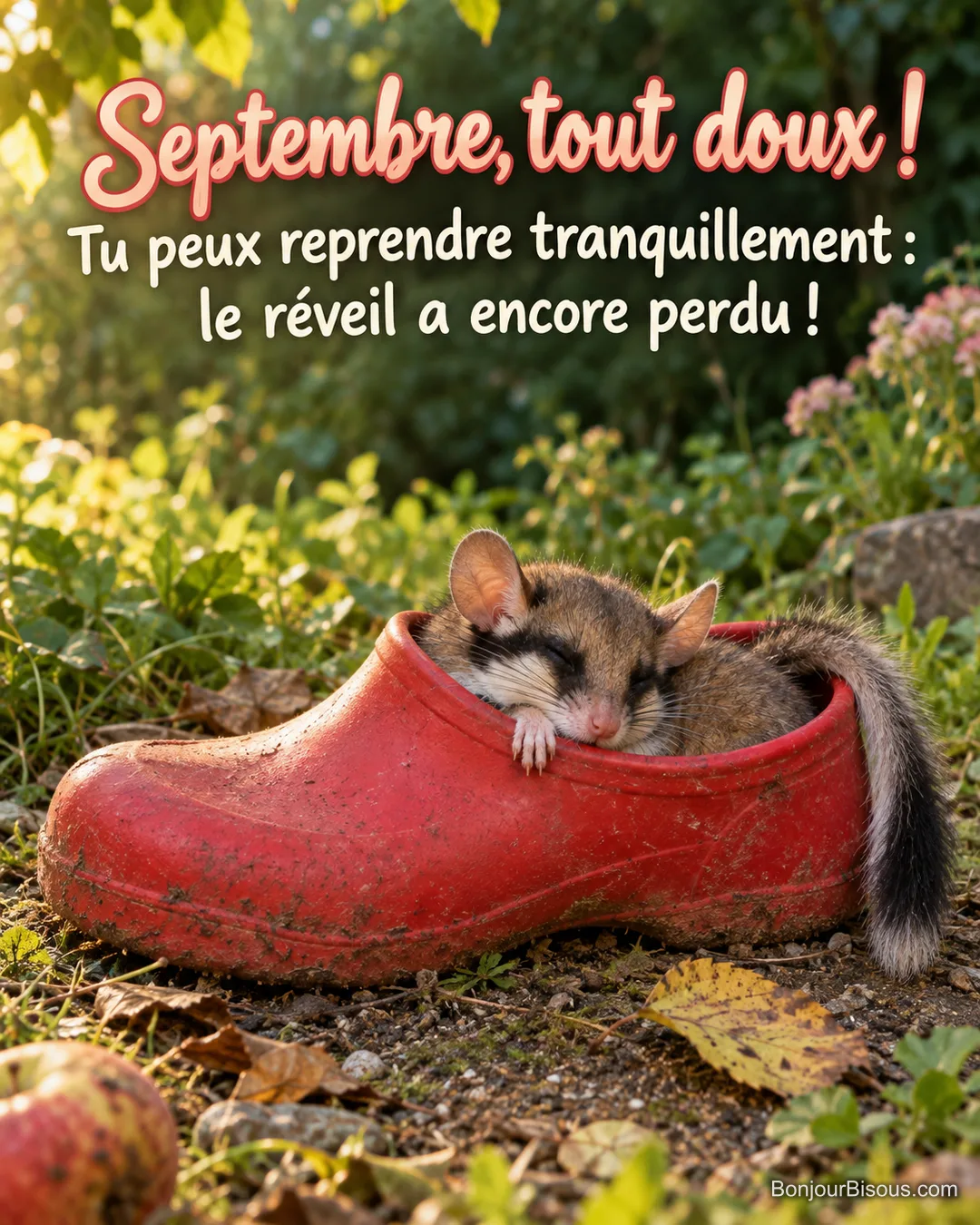 Un lérot somnole dans un sabot de jardin rouge beaucoup trop grand pour lui, avec le texte « Septembre, tout doux ! Tu peux reprendre tranquillement : le réveil a encore perdu ! ». Un lérot somnole dans un sabot de jardin rouge beaucoup trop grand pour lui, avec le texte « Septembre, tout doux ! Tu peux reprendre tranquillement : le réveil a encore perdu ! ».