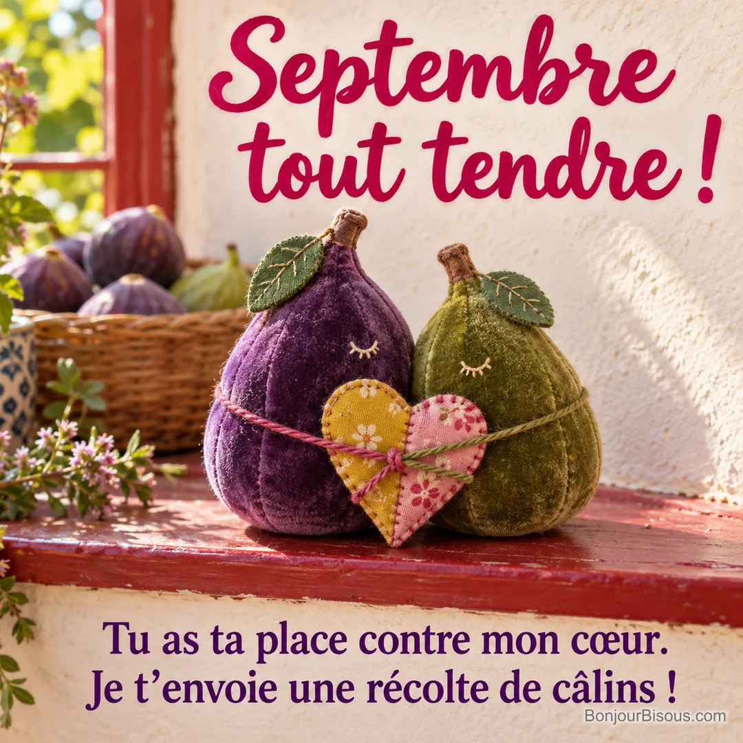 Deux figues cousues en velours se blottissent autour d’une feuille cœur en patchwork, avec le texte « Septembre tout tendre ! Tu as ta place contre mon cœur. Je t’envoie une récolte de câlins ! ». Deux figues cousues en velours se blottissent autour d’une feuille cœur en patchwork, avec le texte « Septembre tout tendre ! Tu as ta place contre mon cœur. Je t’envoie une récolte de câlins ! ».
