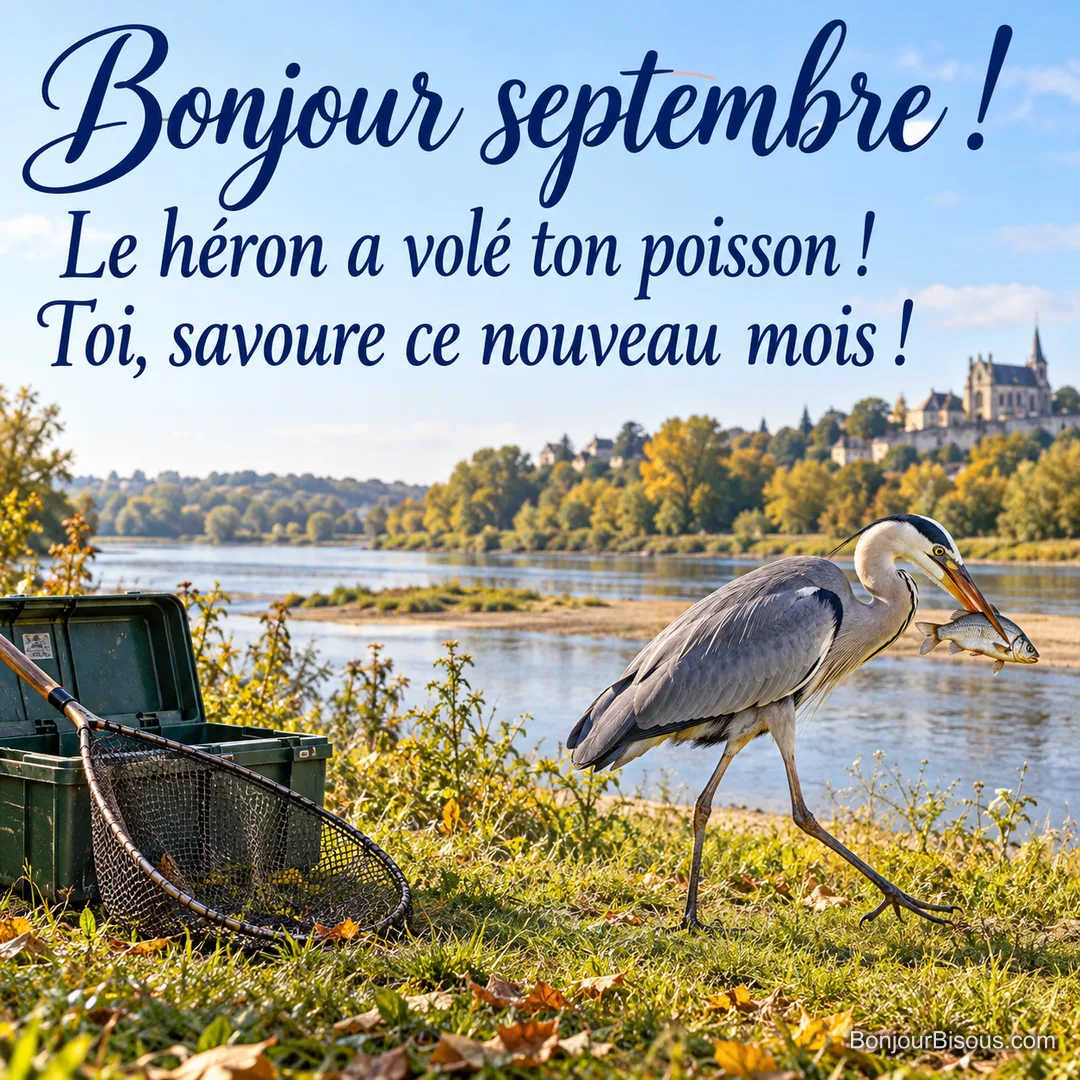 Un héron cendré emporte un poisson argenté depuis une épuisette de pêche posée au bord de la rivière, avec le message « Bonjour septembre ! Le héron a volé ton poisson ! Toi, savoure ce nouveau mois ! ». Un héron cendré emporte un poisson argenté depuis une épuisette de pêche posée au bord de la rivière, avec le message « Bonjour septembre ! Le héron a volé ton poisson ! Toi, savoure ce nouveau mois ! ».