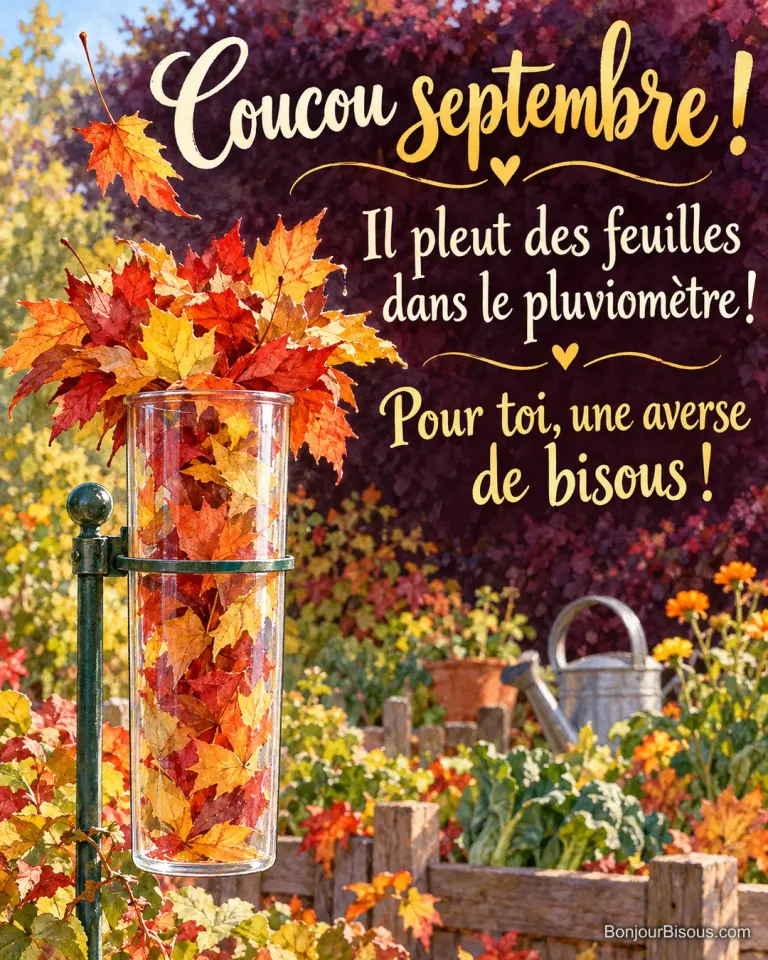 Un pluviomètre transparent déborde de feuilles rouges et dorées dans un jardin de septembre, avec le message « Coucou septembre ! Il pleut des feuilles dans le pluviomètre ! Pour toi, une averse de bisous ! ».