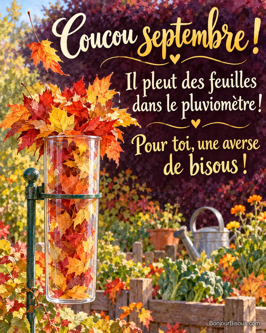 Un pluviomètre transparent déborde de feuilles rouges et dorées dans un jardin de septembre, avec le message « Coucou septembre ! Il pleut des feuilles dans le pluviomètre ! Pour toi, une averse de bisous ! ». Un pluviomètre transparent déborde de feuilles rouges et dorées dans un jardin de septembre, avec le message « Coucou septembre ! Il pleut des feuilles dans le pluviomètre ! Pour toi, une averse de bisous ! ».