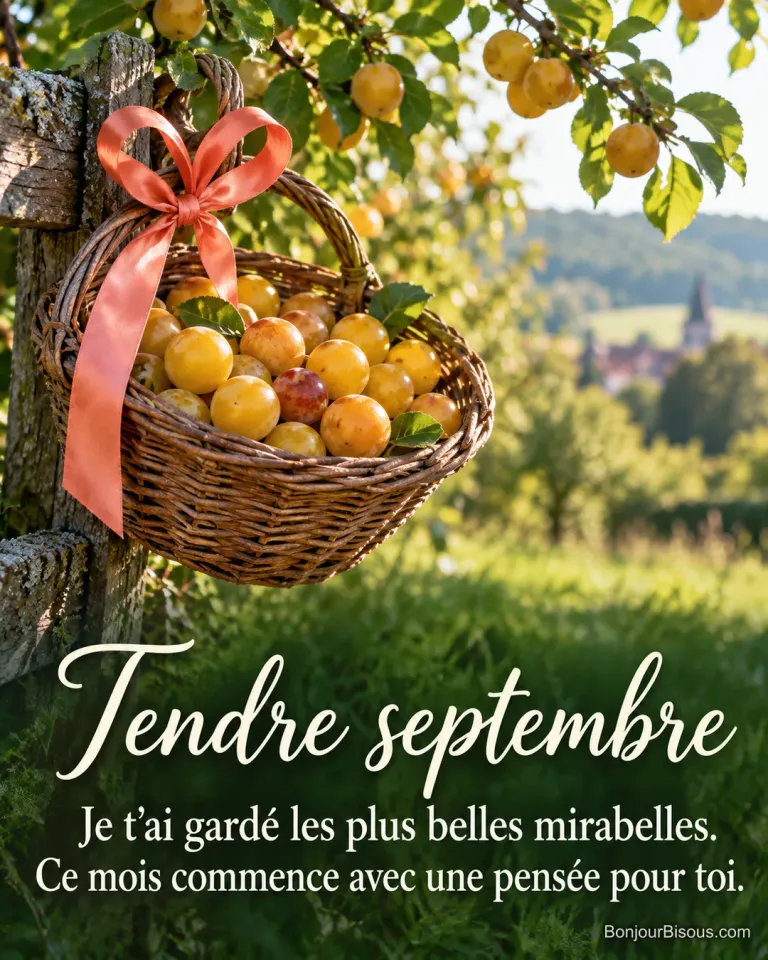 Une petite corbeille de mirabelles dorées ornée d’un ruban corail attend à la barrière d’un verger lorrain, avec le message « Tendre septembre Je t’ai gardé les plus belles mirabelles. Ce mois commence avec une pensée pour toi. ».