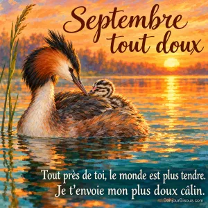 Un grèbe huppé porte son poussin rayé sur son dos près des roseaux d’un étang au soleil couchant, avec le message « Septembre tout doux Tout près de toi, le monde est plus tendre. Je t’envoie mon plus doux câlin. ».
