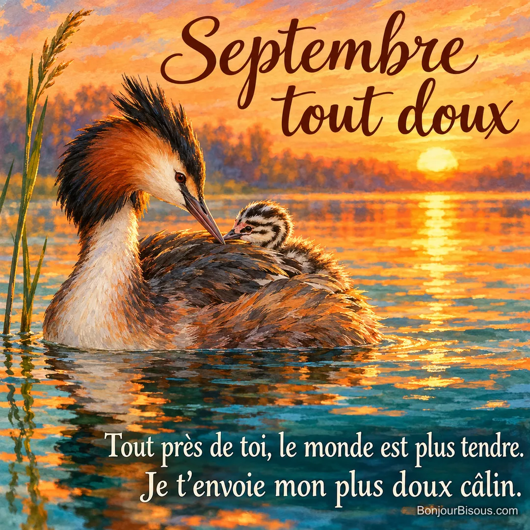 Un grèbe huppé porte son poussin rayé sur son dos près des roseaux d’un étang au soleil couchant, avec le message « Septembre tout doux Tout près de toi, le monde est plus tendre. Je t’envoie mon plus doux câlin. ». Un grèbe huppé porte son poussin rayé sur son dos près des roseaux d’un étang au soleil couchant, avec le message « Septembre tout doux Tout près de toi, le monde est plus tendre. Je t’envoie mon plus doux câlin. ».