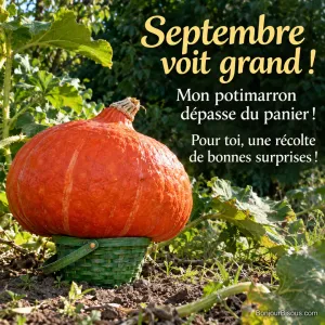 Un énorme potimarron orange déborde d’un minuscule panier vert au potager, avec le message « Septembre voit grand ! Mon potimarron dépasse du panier ! Pour toi, une récolte de bonnes surprises ! ».