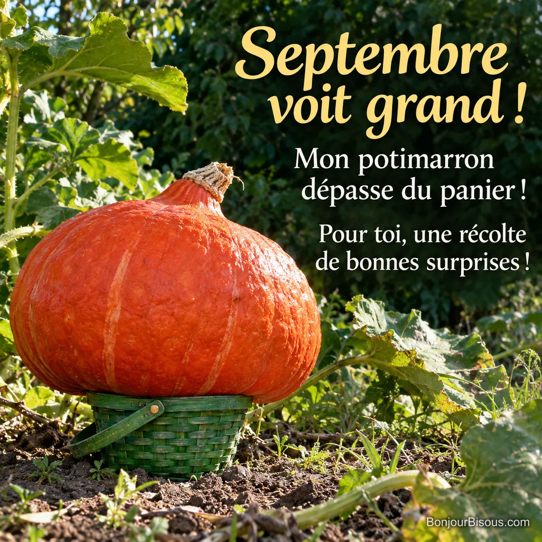 Un énorme potimarron orange déborde d’un minuscule panier vert au potager, avec le message « Septembre voit grand ! Mon potimarron dépasse du panier ! Pour toi, une récolte de bonnes surprises ! ». Un énorme potimarron orange déborde d’un minuscule panier vert au potager, avec le message « Septembre voit grand ! Mon potimarron dépasse du panier ! Pour toi, une récolte de bonnes surprises ! ».