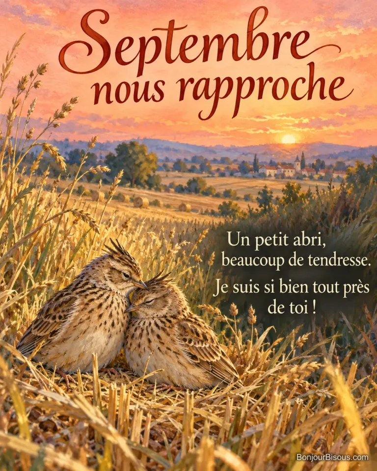 Deux alouettes des champs adultes se blottissent dans un creux d’herbe dorée près d’un champ moissonné, avec le message « Septembre nous rapproche Un petit abri, beaucoup de tendresse. Je suis si bien tout près de toi ! ».