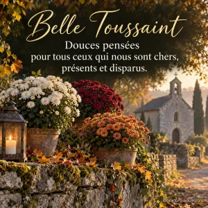 Photo de chrysanthèmes blancs, bordeaux et orange et d’une lanterne avec une bougie sur un muret moussu, devant une chapelle en pierre au soleil d’automne, avec le texte « Belle Toussaint – Douces pensées pour tous ceux qui nous sont chers, présents et disparus. »