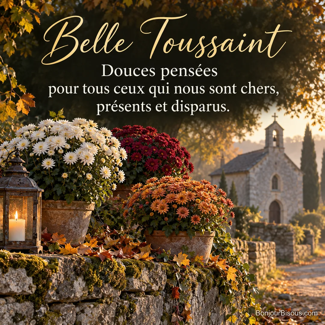 Photo de chrysanthèmes blancs, bordeaux et orange et d’une lanterne avec une bougie sur un muret moussu, devant une chapelle en pierre au soleil d’automne, avec le texte « Belle Toussaint – Douces pensées pour tous ceux qui nous sont chers, présents et disparus. »