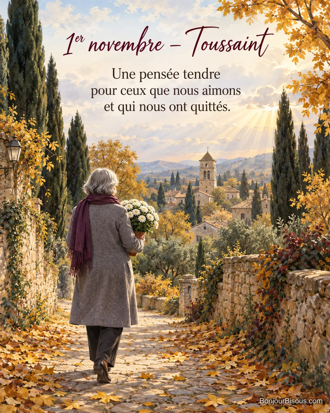 Peinture d’une femme âgée vue de dos, écharpe prune et chrysanthèmes blancs dans les bras, sur une allée bordée de cyprès vers un village provençal, avec le texte « 1er novembre – Toussaint – Une pensée tendre pour ceux que nous aimons et qui nous ont quittés. »