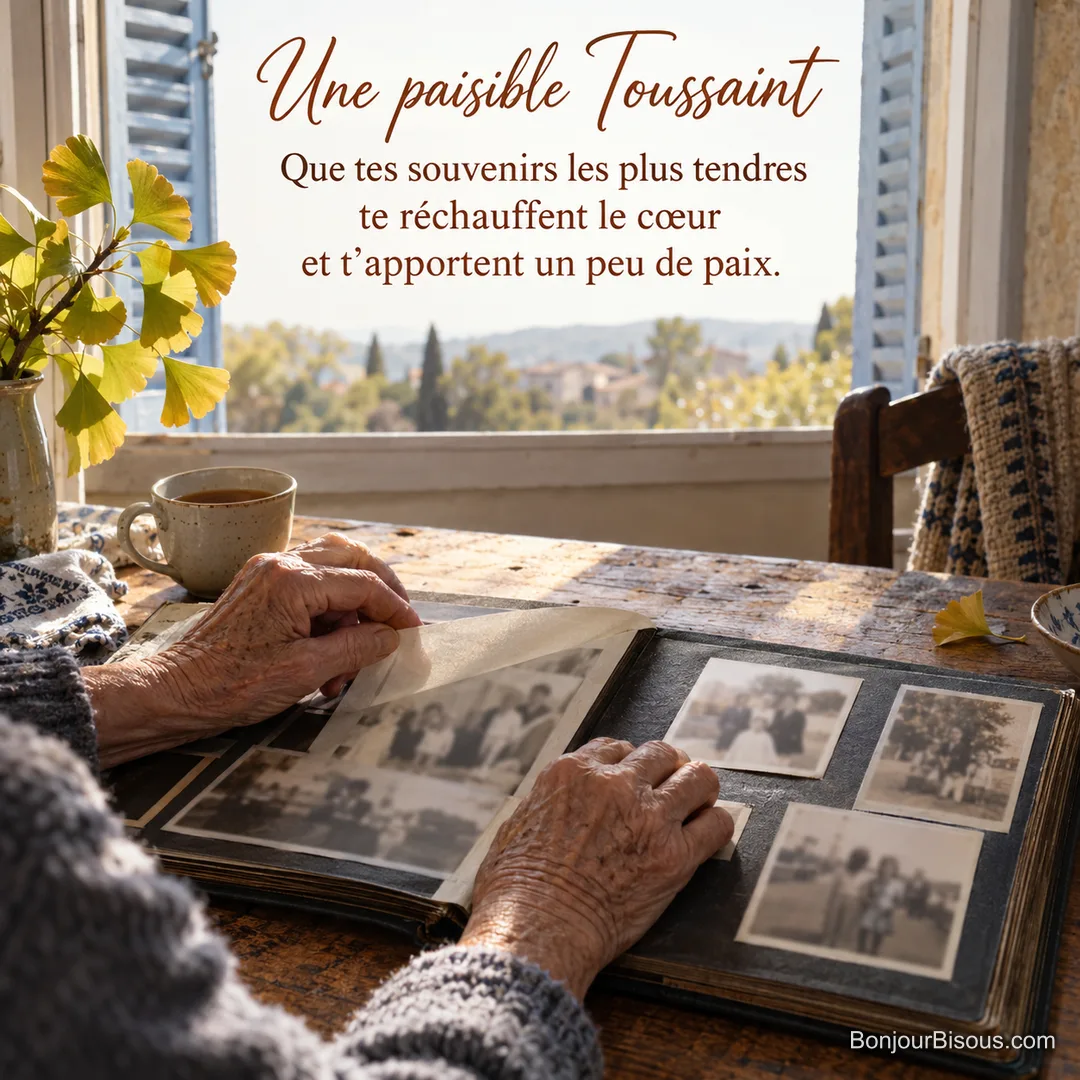 Des mains ridées feuillettent un album familial dans la lumière douce d’une fenêtre avec le texte « Une paisible Toussaint Que tes souvenirs les plus tendres te réchauffent le cœur et t’apportent un peu de paix. ».