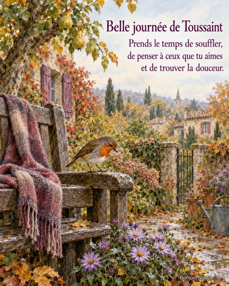 Un rouge-gorge se pose sur un banc de jardin près d’asters violets et d’une écharpe avec le texte « Belle journée de Toussaint Prends le temps de souffler, de penser à ceux que tu aimes et de trouver la douceur. ».