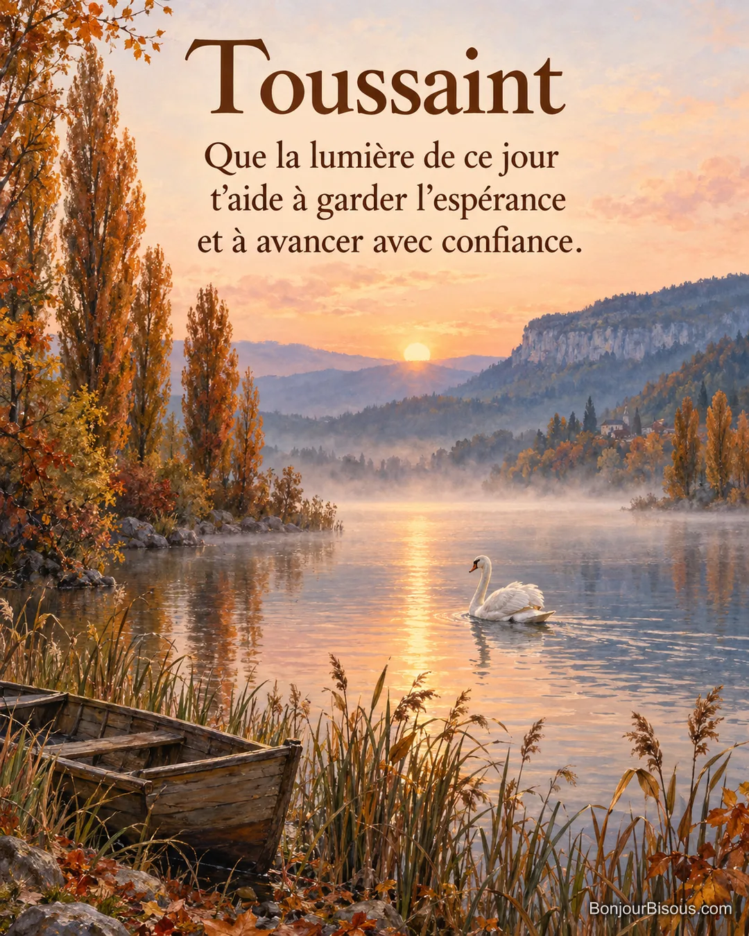 Un cygne blanc glisse sur un lac jurassien au lever du soleil entre les peupliers cuivrés avec le texte « Toussaint Que la lumière de ce jour t’aide à garder l’espérance et à avancer avec confiance. ».
