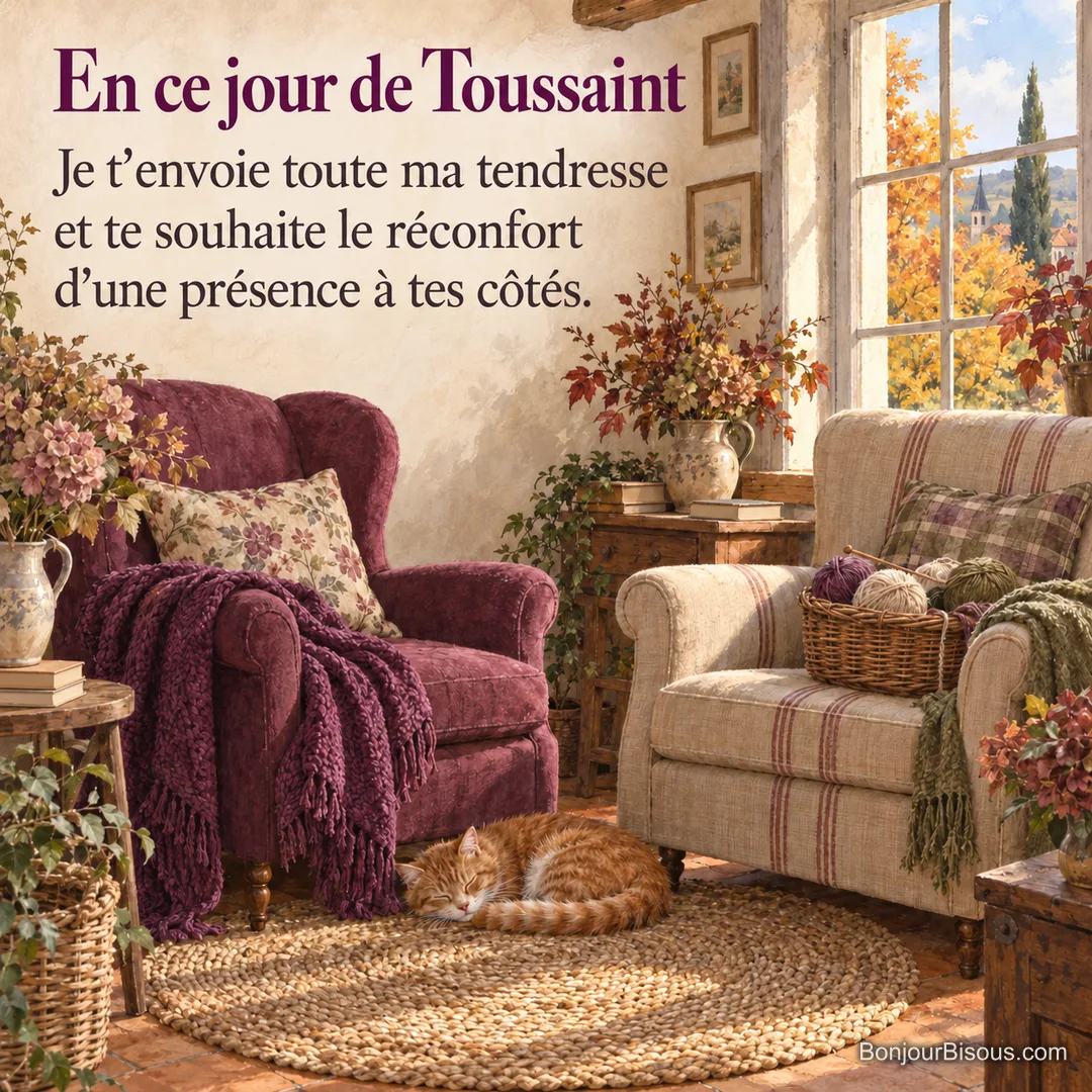 Un chat roux dort entre deux fauteuils près d’une fenêtre donnant sur les arbres d’automne avec le texte « En ce jour de Toussaint Je t’envoie toute ma tendresse et te souhaite le réconfort d’une présence à tes côtés. ».