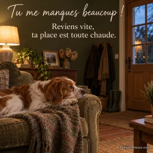 Photo d’un épagneul breton couché sur un plaid dans un canapé, le menton sur l’accoudoir, qui regarde la porte d’entrée d’un salon éclairé le soir, avec le texte « Tu me manques beaucoup ! Reviens vite, ta place est toute chaude. »
