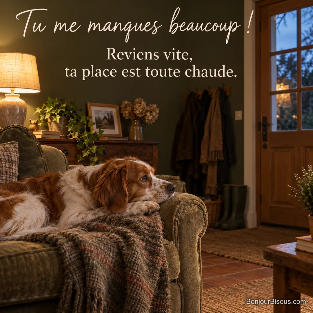Photo d’un épagneul breton couché sur un plaid dans un canapé, le menton sur l’accoudoir, qui regarde la porte d’entrée d’un salon éclairé le soir, avec le texte « Tu me manques beaucoup ! Reviens vite, ta place est toute chaude. » Photo d’un épagneul breton couché sur un plaid dans un canapé, le menton sur l’accoudoir, qui regarde la porte d’entrée d’un salon éclairé le soir, avec le texte « Tu me manques beaucoup ! Reviens vite, ta place est toute chaude. »