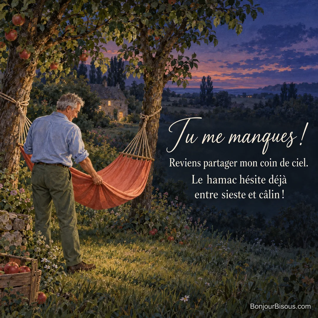 Un homme ajuste un hamac corail dans un verger normand, avec le texte « Tu me manques ! Reviens partager mon coin de ciel. Le hamac hésite déjà entre sieste et câlin ! ». Un homme ajuste un hamac corail dans un verger normand, avec le texte « Tu me manques ! Reviens partager mon coin de ciel. Le hamac hésite déjà entre sieste et câlin ! ».