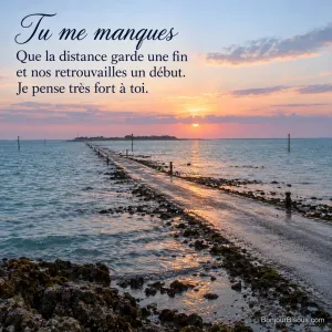 Une chaussée maritime vendéenne relie les rivages au crépuscule, avec le texte « Tu me manques Que la distance garde une fin et nos retrouvailles un début. Je pense très fort à toi. ».