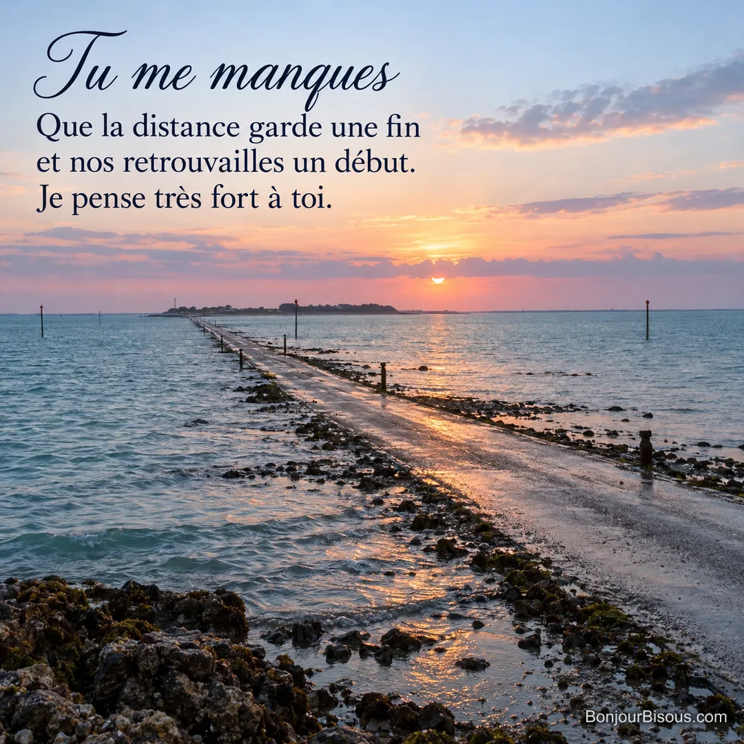 Une chaussée maritime vendéenne relie les rivages au crépuscule, avec le texte « Tu me manques Que la distance garde une fin et nos retrouvailles un début. Je pense très fort à toi. ». Une chaussée maritime vendéenne relie les rivages au crépuscule, avec le texte « Tu me manques Que la distance garde une fin et nos retrouvailles un début. Je pense très fort à toi. ».