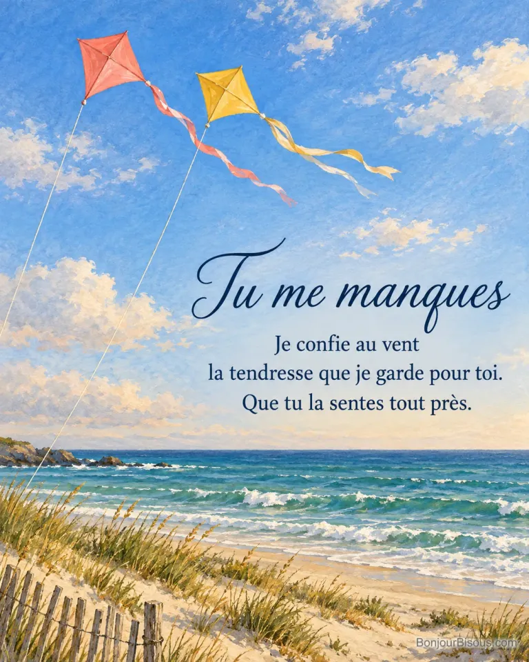 Deux cerfs-volants volent côte à côte au-dessus d’une plage bretonne, avec le texte « Tu me manques Je confie au vent la tendresse que je garde pour toi. Que tu la sentes tout près. ».