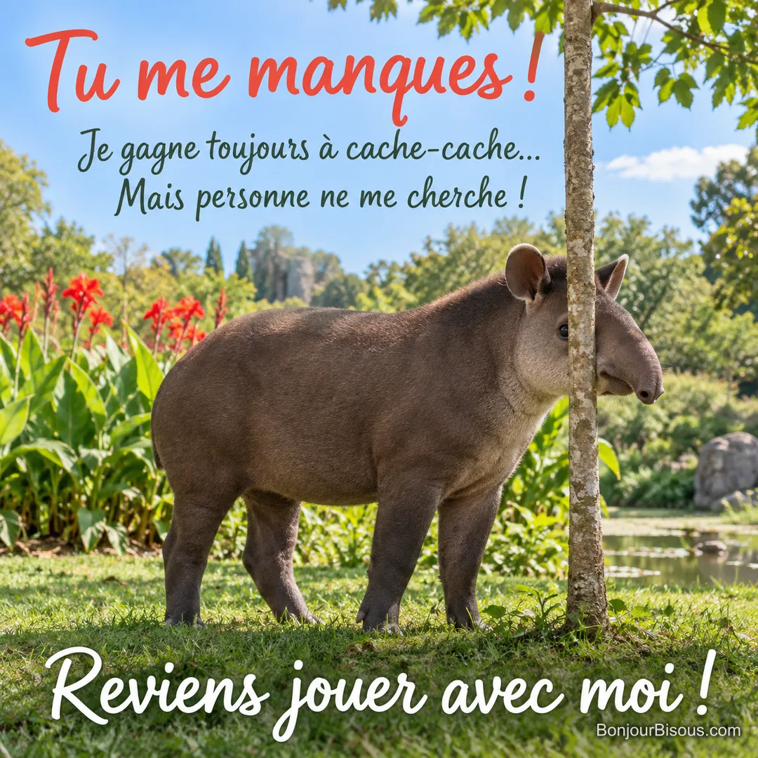 Un jeune tapir essaie de se cacher derrière un tronc minuscule qui laisse dépasser tout son corps. Le message est : « Tu me manques ! Je gagne toujours à cache-cache… Mais personne ne me cherche ! Reviens jouer avec moi ! ». Un jeune tapir essaie de se cacher derrière un tronc minuscule qui laisse dépasser tout son corps. Le message est : « Tu me manques ! Je gagne toujours à cache-cache… Mais personne ne me cherche ! Reviens jouer avec moi ! ».