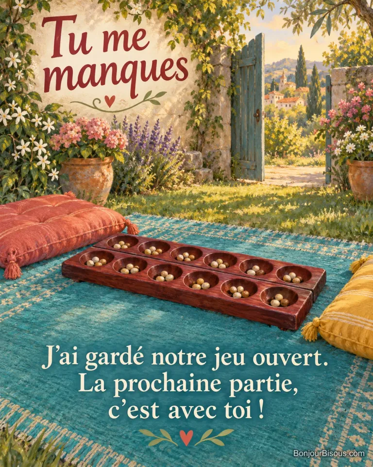 Un jeu d’awalé ouvert et ses graines colorées attendent une prochaine partie à deux dans un jardin accueillant. Le message est : « Tu me manques J’ai gardé notre jeu ouvert. La prochaine partie, c’est avec toi ! ».