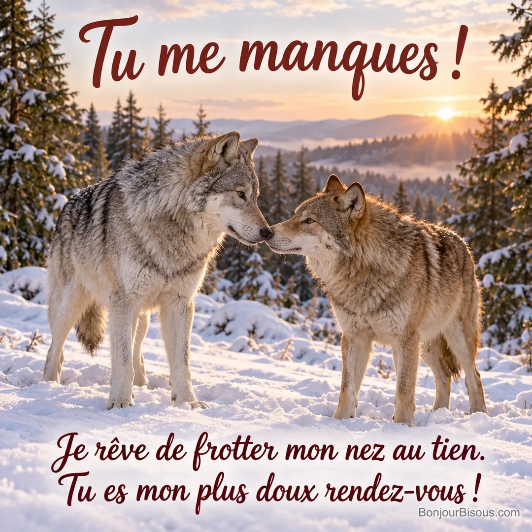 Deux loups de pelages différents se saluent doucement nez contre nez dans une clairière hivernale. Le message est : « Tu me manques ! Je rêve de frotter mon nez au tien. Tu es mon plus doux rendez-vous ! ». Deux loups de pelages différents se saluent doucement nez contre nez dans une clairière hivernale. Le message est : « Tu me manques ! Je rêve de frotter mon nez au tien. Tu es mon plus doux rendez-vous ! ».
