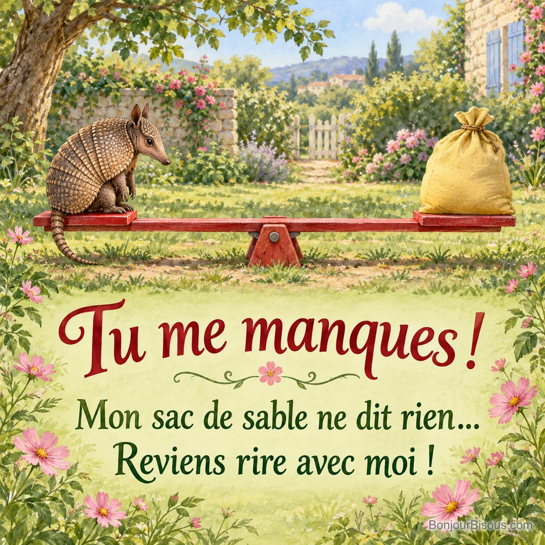 Un petit tatou joue à la bascule avec un gros sac de sable à la place de son ami absent. Le message est : « Tu me manques ! Mon sac de sable ne dit rien… Reviens rire avec moi ! ». Un petit tatou joue à la bascule avec un gros sac de sable à la place de son ami absent. Le message est : « Tu me manques ! Mon sac de sable ne dit rien… Reviens rire avec moi ! ».