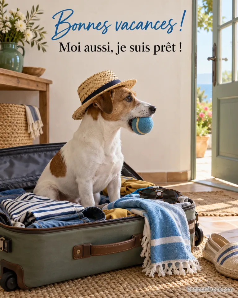Photo d’un jack russell coiffé d’un petit chapeau de paille, assis dans une valise ouverte pleine de vêtements d’été, une balle dans la gueule, avec le texte « Bonnes vacances ! Moi aussi, je suis prêt ! »