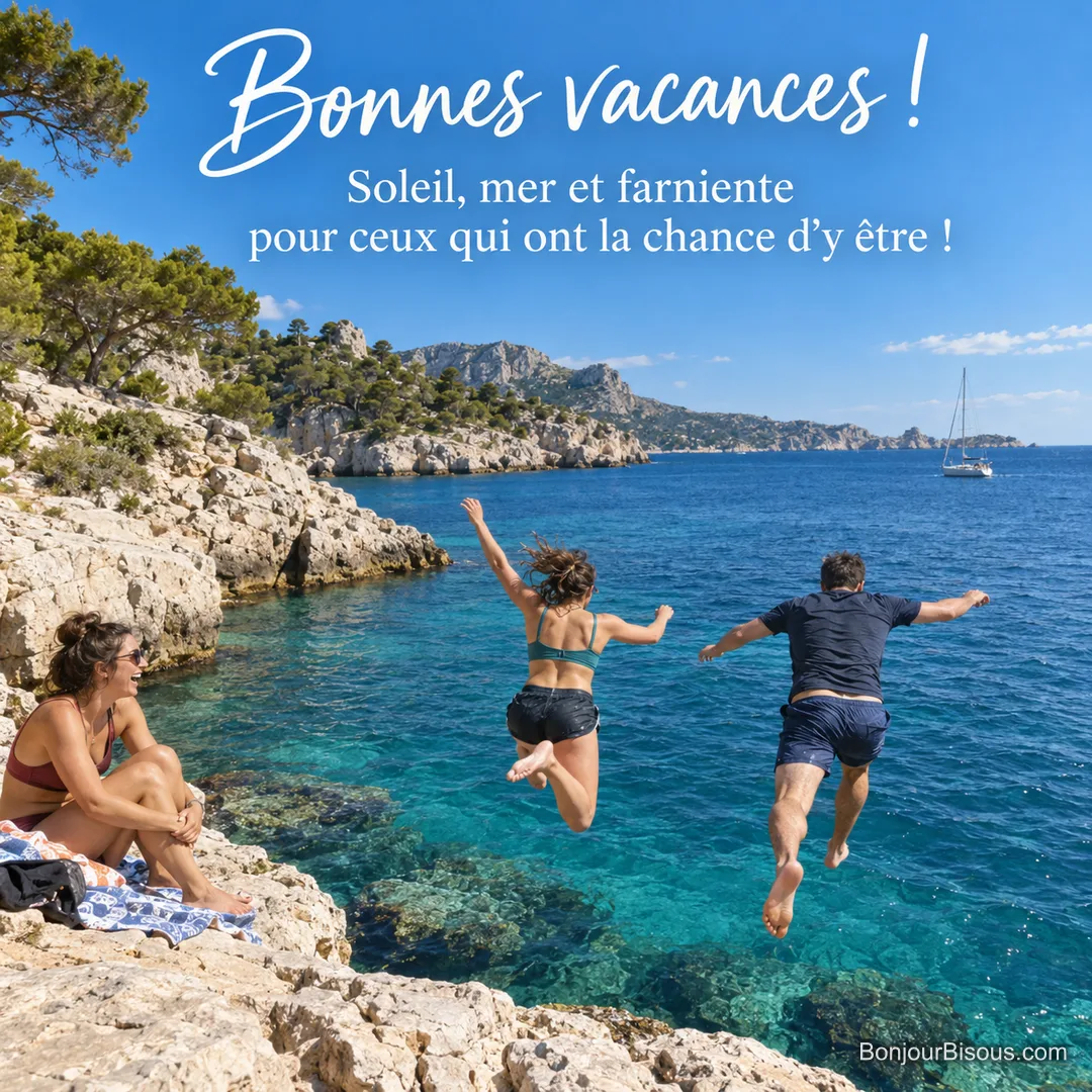 Photo d’une calanque à l’eau turquoise, deux jeunes plongent depuis un rocher blanc et un ami les regarde depuis sa serviette, voilier au loin, avec le texte « Bonnes vacances ! Soleil, mer et farniente pour ceux qui ont la chance d’y être ! » Photo d’une calanque à l’eau turquoise, deux jeunes plongent depuis un rocher blanc et un ami les regarde depuis sa serviette, voilier au loin, avec le texte « Bonnes vacances ! Soleil, mer et farniente pour ceux qui ont la chance d’y être ! »
