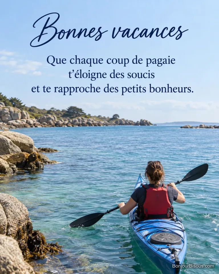 Une vacancière pagaie dans un kayak de mer bleu le long des rochers bretons, avec le texte « Bonnes vacances Que chaque coup de pagaie t’éloigne des soucis et te rapproche des petits bonheurs. ».