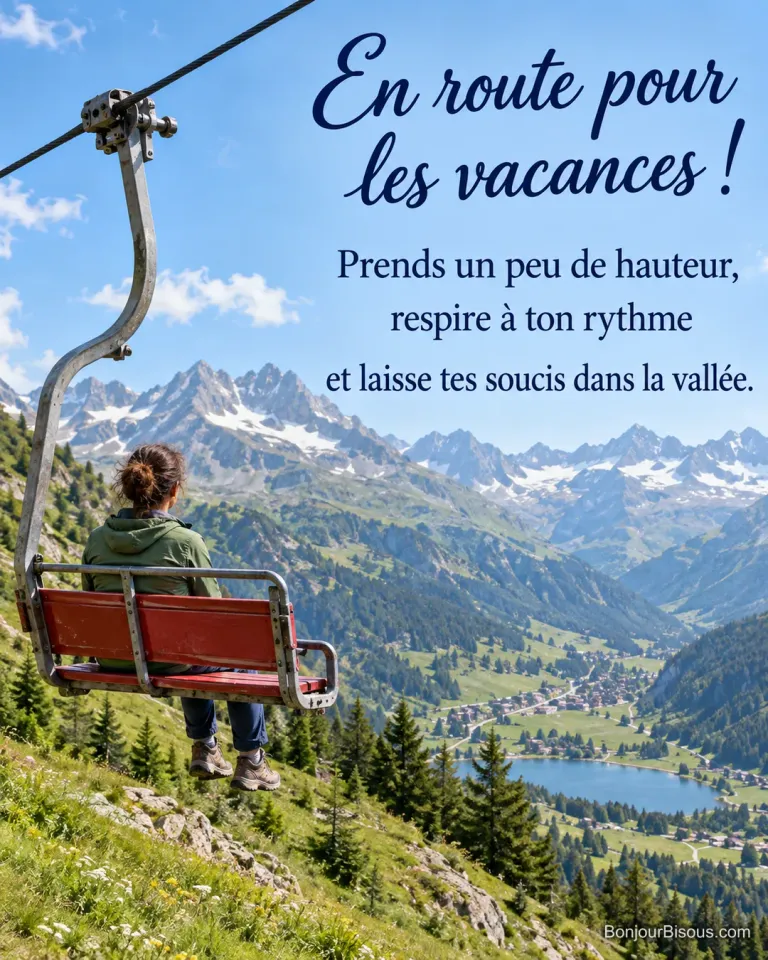 Une vacancière monte en télésiège ouvert au-dessus des prairies d’été dans les Alpes, avec le texte « En route pour les vacances ! Prends un peu de hauteur, respire à ton rythme et laisse tes soucis dans la vallée. ».