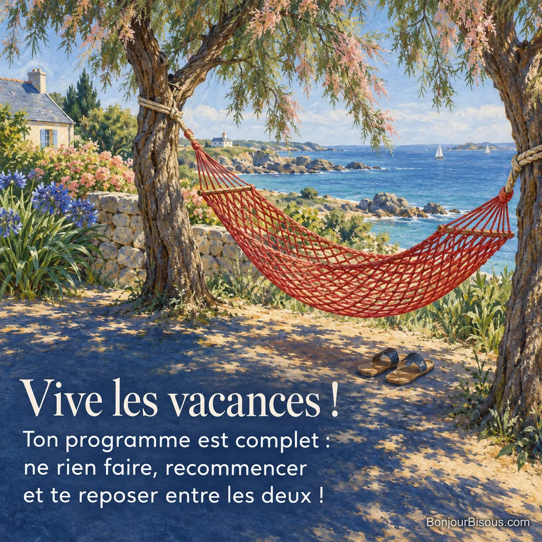Un hamac de filet rouge attend sous les tamaris dans un jardin de vacances breton, avec le texte « Vive les vacances ! Ton programme est complet : ne rien faire, recommencer et te reposer entre les deux ! ». Un hamac de filet rouge attend sous les tamaris dans un jardin de vacances breton, avec le texte « Vive les vacances ! Ton programme est complet : ne rien faire, recommencer et te reposer entre les deux ! ».