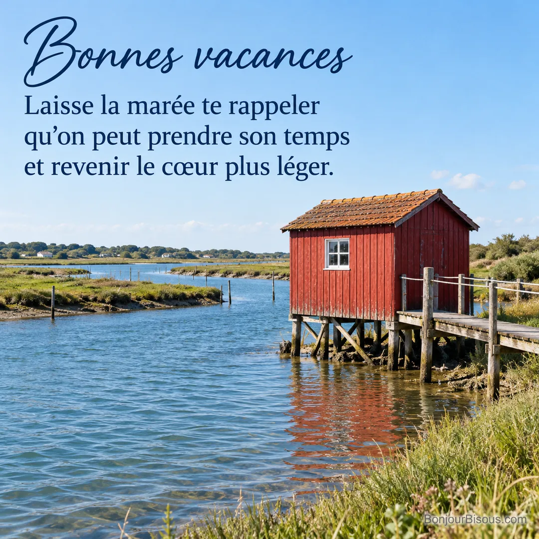 Une cabane ostréicole rouge se reflète dans un chenal de l’île d’Oléron, avec le texte « Bonnes vacances Laisse la marée te rappeler qu’on peut prendre son temps et revenir le cœur plus léger. ». Une cabane ostréicole rouge se reflète dans un chenal de l’île d’Oléron, avec le texte « Bonnes vacances Laisse la marée te rappeler qu’on peut prendre son temps et revenir le cœur plus léger. ».