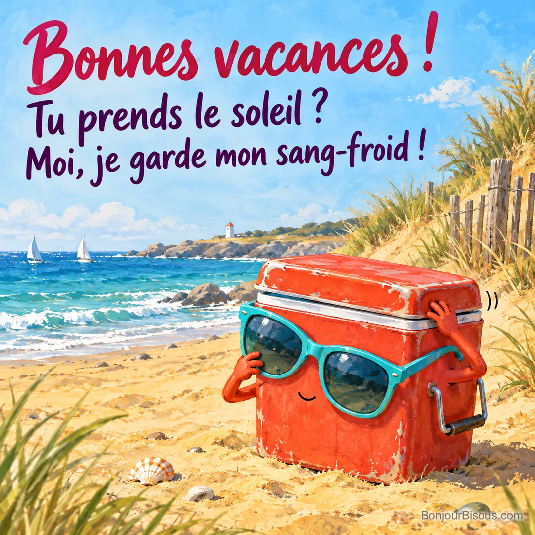 Une petite glacière rouge essaie de retenir des lunettes de soleil beaucoup trop grandes sur son devant, avec le texte « Bonnes vacances ! Tu prends le soleil ? Moi, je garde mon sang-froid ! ». Une petite glacière rouge essaie de retenir des lunettes de soleil beaucoup trop grandes sur son devant, avec le texte « Bonnes vacances ! Tu prends le soleil ? Moi, je garde mon sang-froid ! ».
