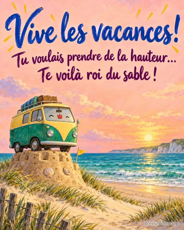 Un petit camping-car vert porte une couronne rouge au sommet d’un monticule de sable, avec le texte « Vive les vacances ! Tu voulais prendre de la hauteur… Te voilà roi du sable ! ».