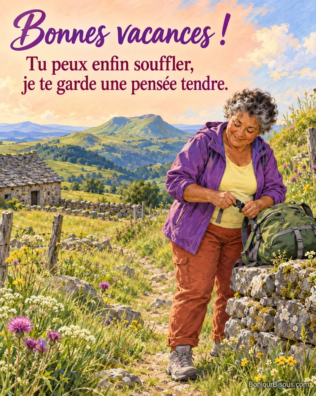 Une guide auvergnate en coupe-vent violet détache son sac à dos posé sur une pierre et sourit de soulagement, avec le texte « Bonnes vacances ! Tu peux enfin souffler, je te garde une pensée tendre. ». Une guide auvergnate en coupe-vent violet détache son sac à dos posé sur une pierre et sourit de soulagement, avec le texte « Bonnes vacances ! Tu peux enfin souffler, je te garde une pensée tendre. ».