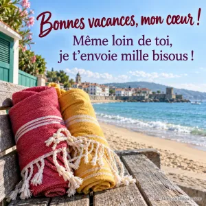 Deux foutas de plage rouge et jaune se touchent et enlacent leurs franges sur un banc face à la baie, avec le texte « Bonnes vacances, mon cœur ! Même loin de toi, je t’envoie mille bisous ! ».