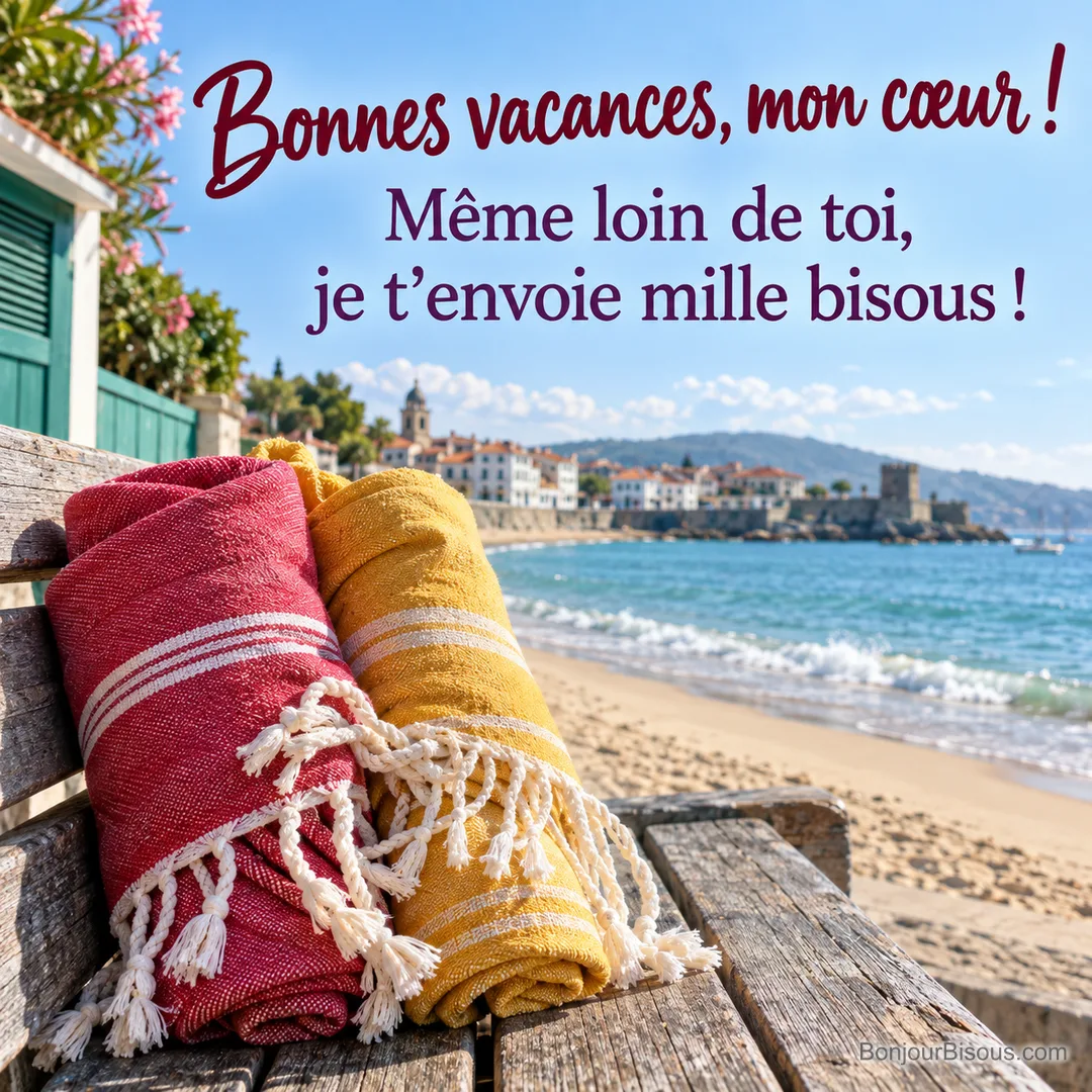 Deux foutas de plage rouge et jaune se touchent et enlacent leurs franges sur un banc face à la baie, avec le texte « Bonnes vacances, mon cœur ! Même loin de toi, je t’envoie mille bisous ! ». Deux foutas de plage rouge et jaune se touchent et enlacent leurs franges sur un banc face à la baie, avec le texte « Bonnes vacances, mon cœur ! Même loin de toi, je t’envoie mille bisous ! ».