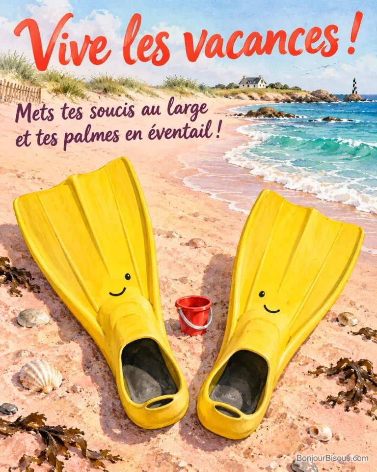 Deux grandes palmes jaunes souriantes se reposent en éventail autour d’un petit seau rouge, avec le texte « Vive les vacances ! Mets tes soucis au large et tes palmes en éventail ! ».