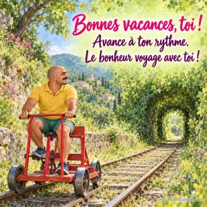 Un vacancier pédale joyeusement sur un vélorail rouge au milieu de la verdure cévenole, avec le texte « Bonnes vacances, toi ! Avance à ton rythme. Le bonheur voyage avec toi ! ».