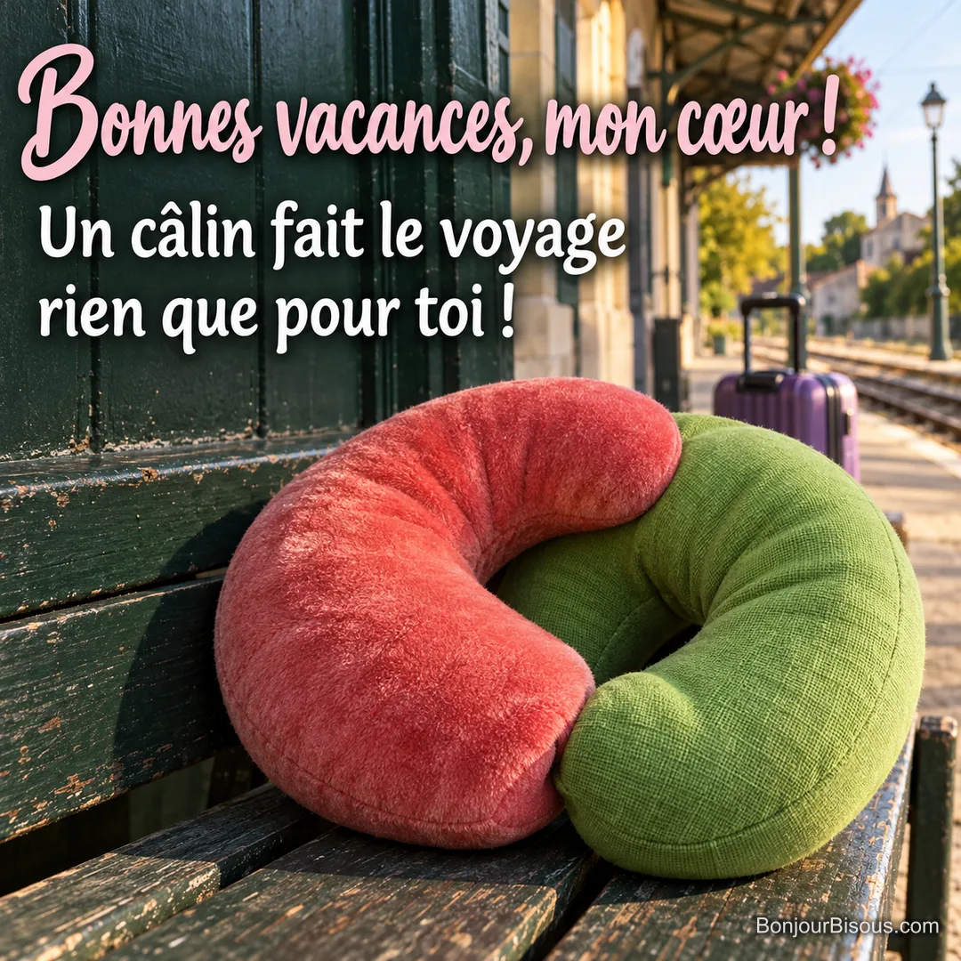 Deux coussins de voyage corail et vert s’enlacent sur un banc de gare, avec le texte « Bonnes vacances, mon cœur ! Un câlin fait le voyage rien que pour toi ! ». Deux coussins de voyage corail et vert s’enlacent sur un banc de gare, avec le texte « Bonnes vacances, mon cœur ! Un câlin fait le voyage rien que pour toi ! ».