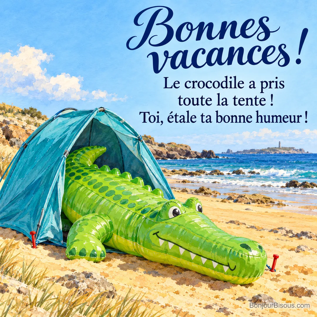 Un crocodile gonflable vert démesuré déborde de l’entrée d’une petite tente de plage turquoise, avec le message « Bonnes vacances ! Le crocodile a pris toute la tente ! Toi, étale ta bonne humeur ! ». Un crocodile gonflable vert démesuré déborde de l’entrée d’une petite tente de plage turquoise, avec le message « Bonnes vacances ! Le crocodile a pris toute la tente ! Toi, étale ta bonne humeur ! ».