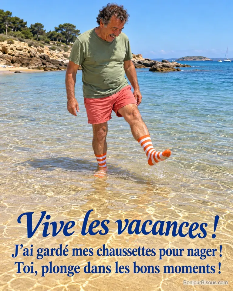 Un vacancier en short corail découvre ses grandes chaussettes rayées orange encore aux pieds dans l’eau de mer, avec le message « Vive les vacances ! J’ai gardé mes chaussettes pour nager ! Toi, plonge dans les bons moments ! ».