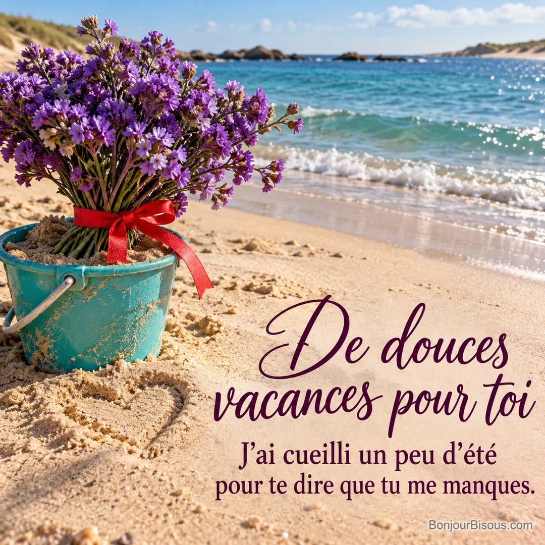Un bouquet de statice violet noué d’un ruban rouge attend dans un seau turquoise sur la plage, avec le message « De douces vacances pour toi J’ai cueilli un peu d’été pour te dire que tu me manques. ». Un bouquet de statice violet noué d’un ruban rouge attend dans un seau turquoise sur la plage, avec le message « De douces vacances pour toi J’ai cueilli un peu d’été pour te dire que tu me manques. ».