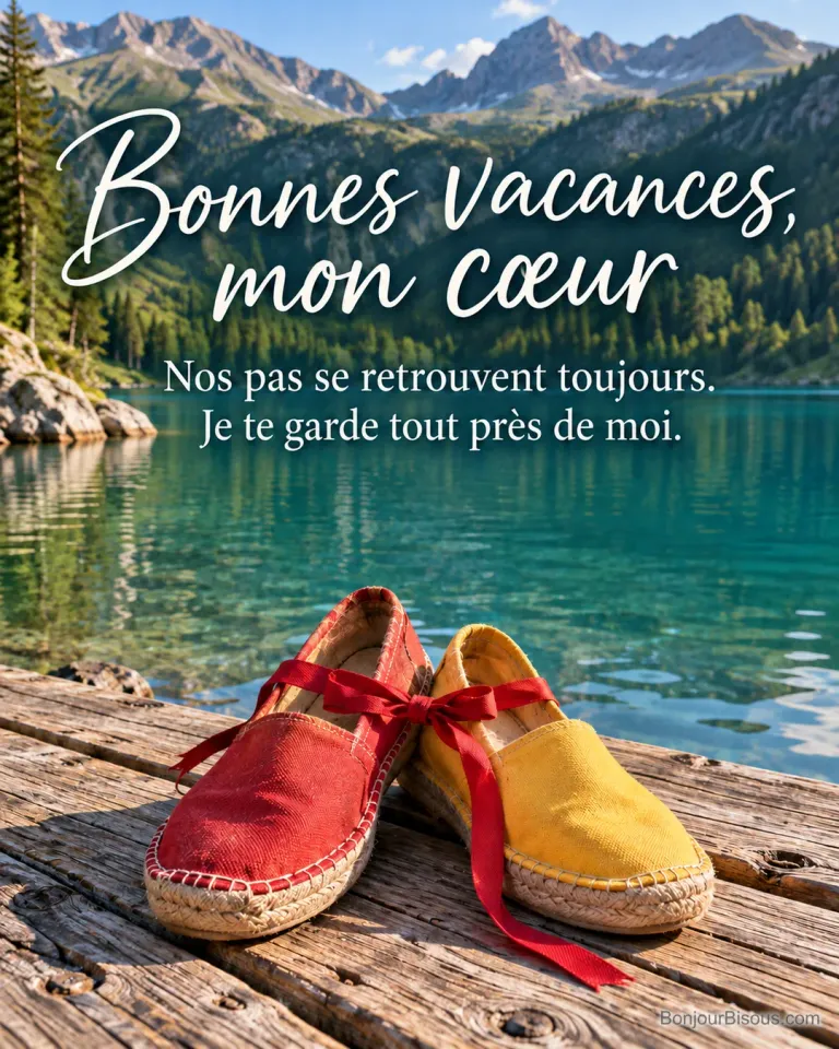 Une espadrille rouge et une jaune se touchent tendrement sur un ponton au bord d’un lac, avec le message « Bonnes vacances, mon cœur Nos pas se retrouvent toujours. Je te garde tout près de moi. ».